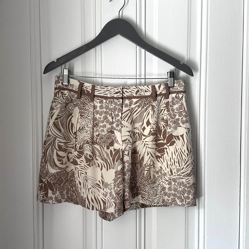 Club Monaco Silk Printed Shorts Size 4 Brown Cream Pleated High Waist